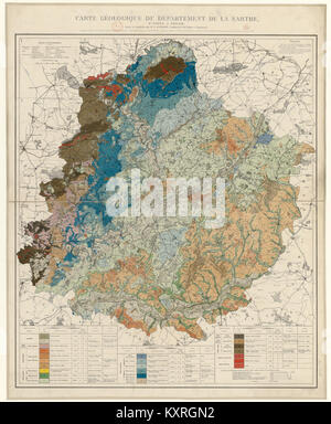 Eine geologische Karte des Departements Sarthe in Frankreich aus dem Jahr 1874, auf der mineralische Ressourcen, Gelände und geologische Besonderheiten dargestellt sind. Stockfoto