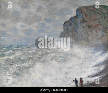 Das Gemälde Rough Weather at Etretat (1883) von Claude Monet zeigt die steilen Kreidefelsen von Etretat in der Normandie unter stürmischem Himmel, mit Wellen am Kieselstrand und kräftigen Pinselarbeiten, die die Energie des Meeres vermitteln. ngv.vic.gov.au+1 Stockfoto