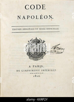 Der *Code Napoléon* (Napoleonische Kodex), der 1804 eingeführt und 1810 überarbeitet wurde, vereinheitlichte das Zivilrecht in Frankreich und beeinflusste moderne Rechtssysteme weltweit. Stockfoto