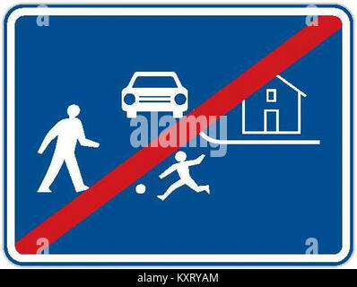 Straßenschild „Konec obytné zóny“ (Ende der Wohnzone) aus der Tschechischen Republik, Modell CZ-IP26b, das das Ende einer Zone mit regulatorischer Verkehrsaufteilung anzeigt. Stockfoto