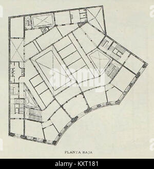 Foto des Grundrisses und der Fassade des Banco Hispano Americano Gebäudes in Madrid vom März 1906, mit reich verzierten Steinfassaden, großen Fenstern der Bankhalle und frühmoderner Geschäftsarchitektur. Stockfoto