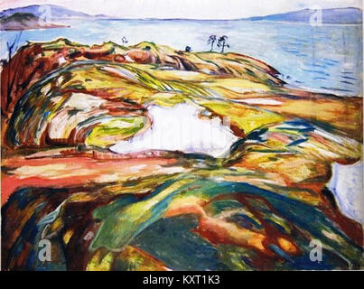 Edvard Munchs Gemälde „Landschaft am Meer“ aus dem Jahr 1918 zeigt eine Meereslandschaft, die Emotionen durch lebendige Farben und dynamische Kompositionen ausdrückt, die für seinen expressionistischen Stil charakteristisch sind. Stockfoto