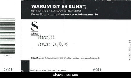 Eintrittskarte für das Städel Museum in Frankfurt am Main, Deutschland vom 2016, mit Dokumentation zum Museumseintritt für Kunstausstellungen. Stockfoto