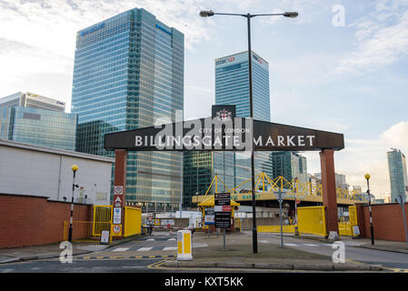 London, England - Januar 2018. Eingang Billingsgate Fish Market in Canary Wharf. Großbritanniens größten inländischen Fischmarkt in London restaurants Stockfoto