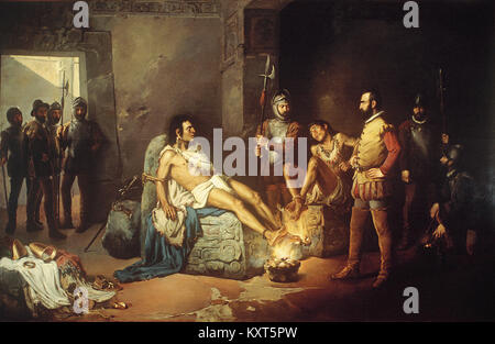 Historisches Gemälde, das die Folter des aztekischen Herrschers Cuauhtémoc durch spanische Konquistadoren darstellt und eine bedeutende Episode bei der Eroberung Mexikos darstellt. Stockfoto