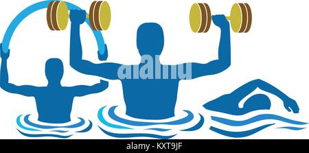 Silhouette Wassergymnastik Physiotherapie mit Hanteln und Schwimmen Stock Vektor