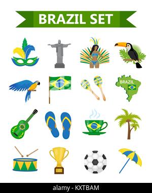 Brasilianische Karneval Symbole Flat Style. Brasilien Land reisen tourismus. Sammlung der Designelemente, Kultur Symbole mit Toucan, Papagei, Rio de jeneiro Denkmal, Karneval Kostüm. Vector Illustration. Stock Vektor