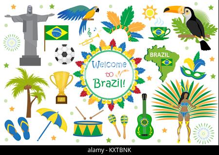 Brasilianische Karneval Symbole Flat Style. Brasilien Land reisen tourismus. Sammlung der Designelemente, Kultur Symbole mit Toucan, Papagei, Rio de jeneiro Denkmal, Karneval Kostüm. Vector Illustration. Stock Vektor