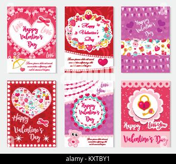 Happy Valentine's Tag Plakat, Einladung, Grußkarte, Hintergrund. Valentinstag Sammlung Vorlage für Ihr Design mit Platz für Text, Herz, romantische Symbole. Vector Illustration. Stock Vektor