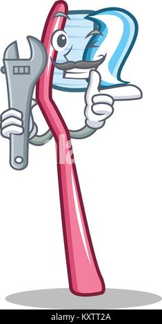 Mechaniker Zahnbürste Maskottchen Cartoon Stil Stock Vektor