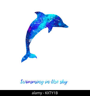 Silhouette von Dolphin. Sternenhimmel mit verschiedenen Konstellationen. Hand zeichnen Aquarell. Karte. Schwimmen in den Himmel. Stockfoto