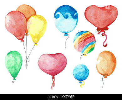 Festgelegte Gruppe von Ballons auf eine Zeichenkette. Hand gezeichnet, auf einem weißen Hintergrund. Aquarell. Stockfoto