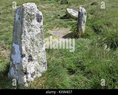 Neun Mädchen Bronzezeit Steinkreis oder Boskednan Stone Circle, Nr Madron, Penwith Halbinsel, Cornwall, England, Großbritannien Stockfoto