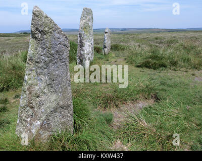 Neun Mädchen Bronzezeit Steinkreis oder Boskednan Stone Circle, Nr Madron, Penwith Halbinsel, Cornwall, England, Großbritannien Stockfoto