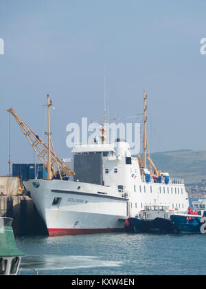 RMV Scilllonian III bei Hugh Town Harbour, St Marys, Isles of Scilly, Cornwall, England, Großbritannien Stockfoto