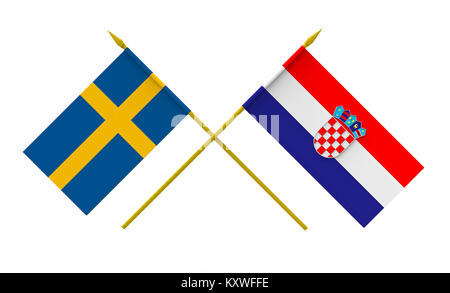 Flagge von Schweden und Kroatien, 3D-Rendering, isoliert auf weißem Stockfoto