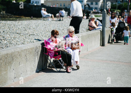 Zwei ältere Damen mit gutem Wetter Zeitungen auf einer Promenade in Bray County Wicklow Irland Stockfoto