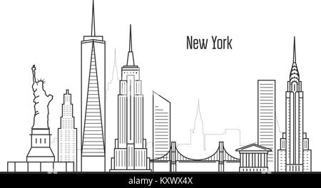 Skyline von New York City - Manhattan Skyline, Türme und Wahrzeichen in der Büchse Stil Stock Vektor