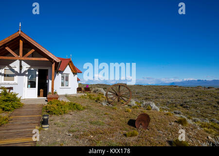 Blick auf die Estancia La Estela, auf dem Rio La Leona, Santa Cruz, Argentinien. Stockfoto