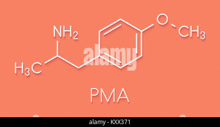 P-methoxyamphetamine (PMA) halluzinogene Droge Molekül. Führt häufig zu tödlichen Vergiftungen bei MDMA (Ecstasy irre, Ecstasy). Skelettmuskulatur Formel. Stockfoto