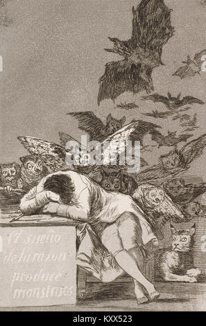 „The Sleep of Reason Products Monsters“, Platte 43 aus Francisco Goyas „Los Caprichos“, zeigt einen schlafenden Mann, umgeben von ominösen Kreaturen, und symbolisiert die Folgen von Unwissenheit und Irrationalität in der Gesellschaft. Stockfoto