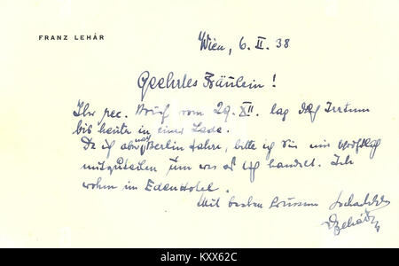 Eine Postkarte vom 6. Februar 1938 des österreichisch-ungarischen Komponisten Franz Lehár (1870–1948) spiegelt die persönliche Korrespondenz eines prominenten Operettenschöpfers im Europa der Zwischenkriegszeit wider. Stockfoto