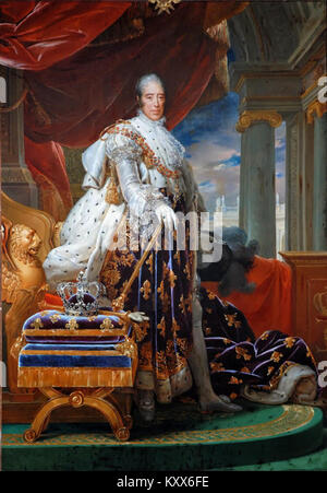 Francois Gérards Gemälde von 1829 zeigt König Karl X. von Frankreich in seinen Krönungsgewändern, was seinen königlichen Status und seine Rolle während der Bourbon Restauration unterstreicht. Stockfoto