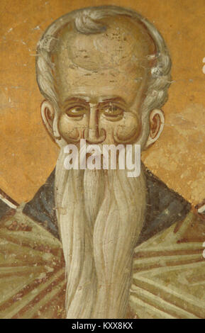 Dieses Bild zeigt die Fresken aus der Kirche der Darstellung der Jungfrau Maria in Kucevište, die die byzantinische religiöse Kunst und detaillierte christliche Ikonographie des Mittelalters zeigen. Stockfoto