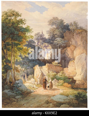 Die Treppe zur Wallfahrtskapelle St. Magdalena in Südtirol führt durch Wald zum spätgotischen Kirchenbau von 1492, in dem barocke Innenelemente und Gewölbemalungen von Johann M. Pescoller aus dem 20. Jahrhundert erhalten sind. Stockfoto