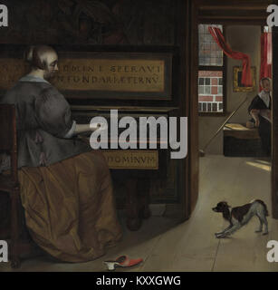 Gabriël Metsu’s „Lady at a Virginal“ zeigt eine Frau, die in einem Wohnraum ein Keyboard spielt, und unterstreicht das Interesse des Goldenen Zeitalters der Niederlande an Musik und Alltag. Stockfoto