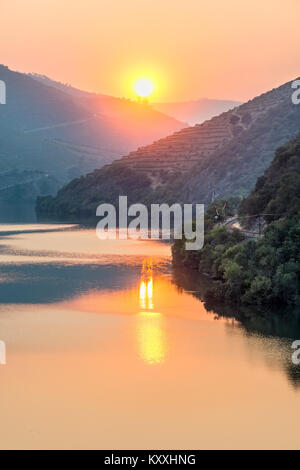 Der Fluss Douro bei Sonnenuntergang zwischen Folgosa und Pinhao. In der Weinregion Alto Douro, Nordportugal Stockfoto