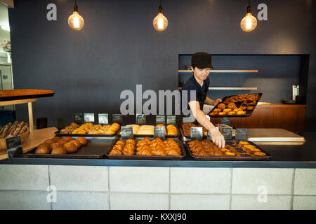 Mann in einer Bäckerei arbeiten, frisch gebackene Croissants und Kuchen auf der großen Fächer auf einen Zähler. Stockfoto