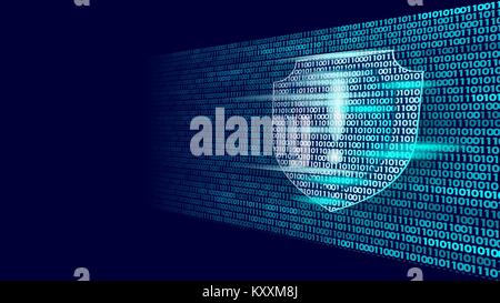 Shield guard Safety System binärer Code fließen. Große Datensicherheit Hacker Angriff computer antivirus Business Konzept Ausrufezeichen Informationen Vector Illustration Stock Vektor