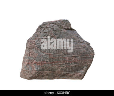 Auf weiß Ausschneiden der großen Jelling Rune aus Stein aus dem 10. Jahrhundert von König Harald Bluetooth in Jelling, Dänemark aufgeworfenen isoliert. Stockfoto