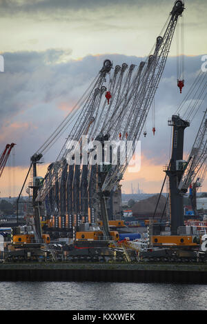 ROSTOCK, Deutschland - 14 AUGUST 2016: Container Terminal und Kräne im Hafen von Warnemünde. Rostock ist die größte Ostseehafen (fotografiert in den frühen Stockfoto