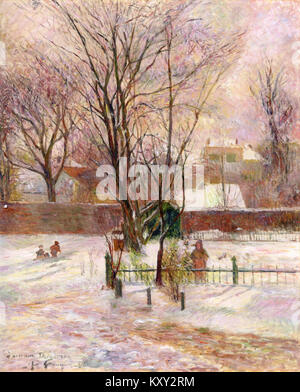 Paul Gauguins Ölgemälde La Neige à Copenhague aus dem Jahr 1884 zeigt eine schneebedeckte Gartenszene in Kopenhagen mit schlanken Baumstämmen vor einem violetten Himmel und Kindern, die auf einer Rodelbahn spielen und während seiner dänischen Zeit Licht und Atmosphäre erkunden. ny-carlsbergfondet.dk+1 Stockfoto