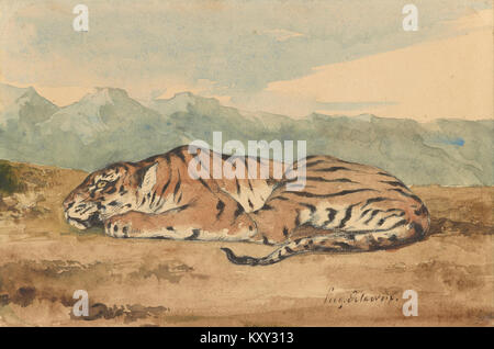 Eugène Delacroix's „Königlicher Tiger“ ist ein berühmtes Gemälde, das die Majestät eines Tigers in freier Wildbahn einfängt. Bekannt für seinen dramatischen Stil und die lebendigen Farben, veranschaulicht das Kunstwerk Delacroix's Meisterschaft bei der Darstellung von Tieren in Bewegung. Stockfoto