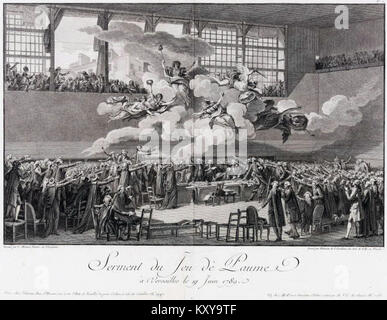 Diese Gravur von 1789 zeigt den Tennishofschwur in Versailles, ein Schlüsselereignis der Französischen Revolution, der die Abgeordneten zeigt, die Einheit gegen die Monarchie versprechen. Stockfoto