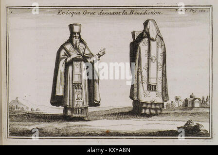 Der Gravur „Evésque Grec donnant la Bénédiction“ von Joseph-Pitton de Tournefort (1717) zeigt einen segnenden griechischen Bischof, der in kirchlichen Gewändern gekleidet ist und neben einem Altar mit offenem Buch und Kruzifix steht. Stockfoto