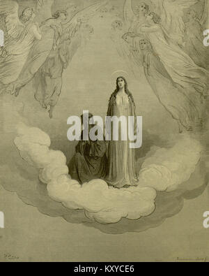 Diese Illustration von Gustave Doré ist Teil seiner Darstellung von Dantes „Paradiso“, speziell aus Canto XXI. Dorés Stiche sind bekannt für ihre komplizierten Details und dramatischen Interpretationen von Dantes Göttlicher Komödie. Stockfoto