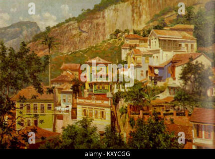 Gemälde des brasilianischen Künstlers Gustavo Dall’Ara mit dem Titel „Casario em Santa Teresa“, das das Bergviertel Santa Teresa in Rio de Janeiro mit farbenfrohen Kolonialhäusern und Stadtlandschaft darstellt. Stockfoto