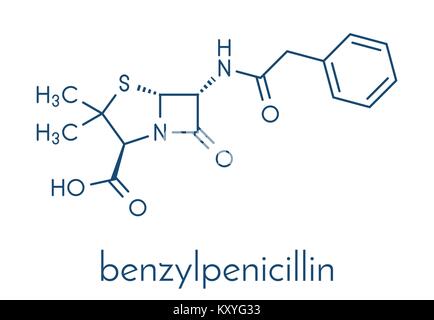 Penicillin G (benzylpenicillin) Antibiotikum Medikament Molekül. Zur Behandlung von bakteriellen Infektionen; gehört zur beta-Lactam class. Skelettmuskulatur Formel. Stock Vektor