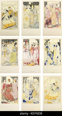 Ein Buntglaskunstwerk des irischen Künstlers Harry Clarke mit dem Titel „Queens (9)“, das kompliziertes Design, lebendige Farben und detaillierte Handwerkskunst zeigt, die für seinen Dekorationsstil des frühen 20. Jahrhunderts charakteristisch sind. Stockfoto