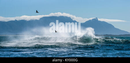Seascape. Wolken Himmel, Wellen mit Spritzern, Berge Silhouetten. Die False Bay. Südafrika. Stockfoto