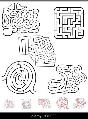Abbildung: Schwarze und Weiße Irrgärten und Labyrinthe Aktivität Spielen eingestellt mit Lösungen Stock Vektor