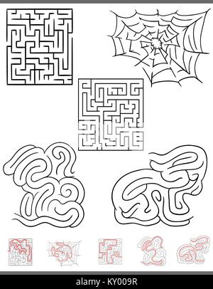 Abbildung: Schwarze und Weiße Irrgärten und Labyrinthe Freizeit Spiele Set mit Lösungen Stock Vektor