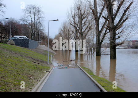 Überflutet Neckar in Mannheim, Baden-Württemberg, Deutschland, 06. Januar 2018. Tage des schweren Regens haben bei den Überschwemmungen in weiten Teilen des südlichen Deutschland led Stockfoto