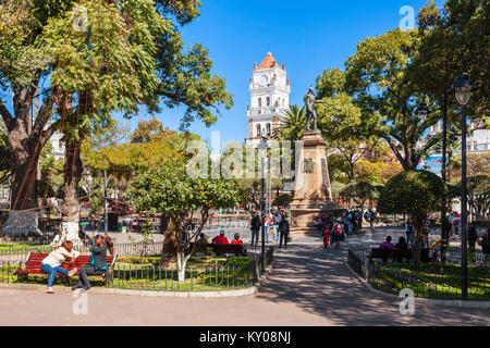 SUCRE, Bolivien - Mai 22, 2015: Plaza 25 de Mayo Square ist ein Hauptplatz in Sucre, Bolivien. Stockfoto