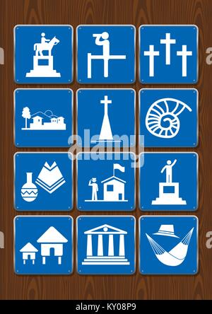 Stellen sie Symbole des Baudenkmals, Aussichtspunkt, Friedhof, Stadt, Kirche, fossil, Kunsthandwerk, Bibliothek, Kabinen. Symbole in blauer Farbe auf Holz- Hintergrund Stock Vektor