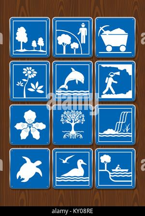 Stellen Sie Symbole der Schutzgebiete, Bergbau, Blume, Dolphin, Geologie, Orchideen, Mangroven, Wasserfall, Schildkröten, Seevögel, schiffbare Fluss. Symbole in blauer Farbe Stock Vektor